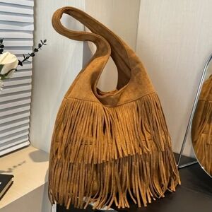 Fringed Tan Faux Suede Boho Bag